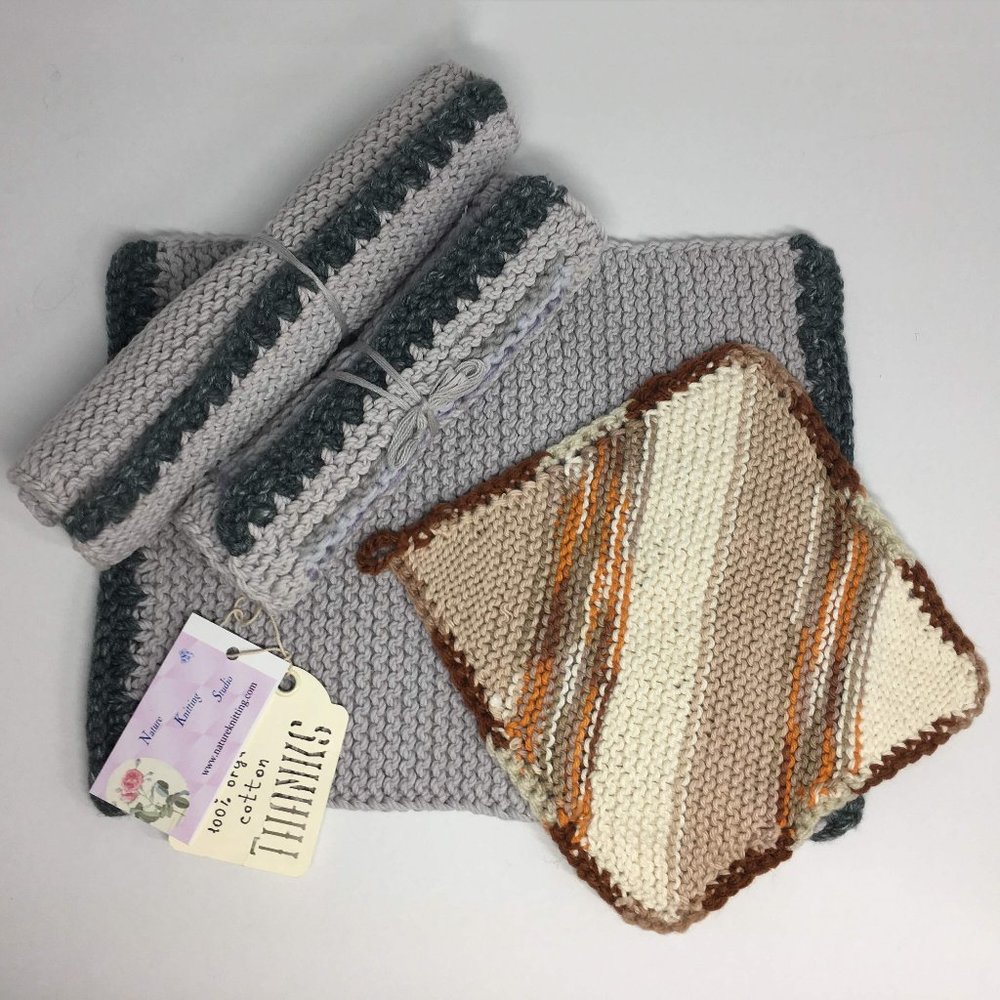 NEW! Set of Handknit Table Napkins+ Organic Cotton From Nature Knitting Studio
